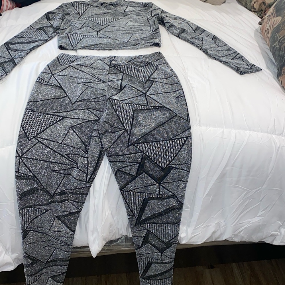 Silver & black shiny pants set